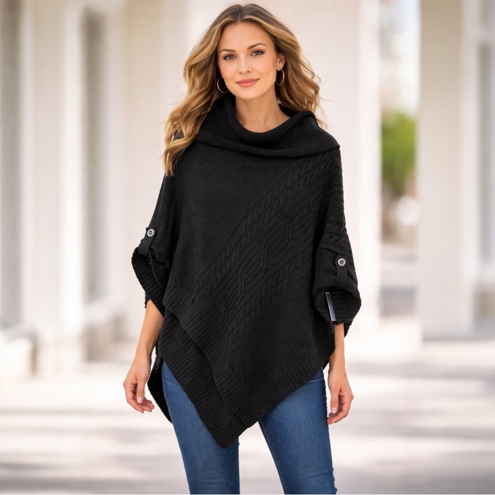 Karen Scott Cable Knit Cowl Neck Poncho Sweater Black L/XL NWT
